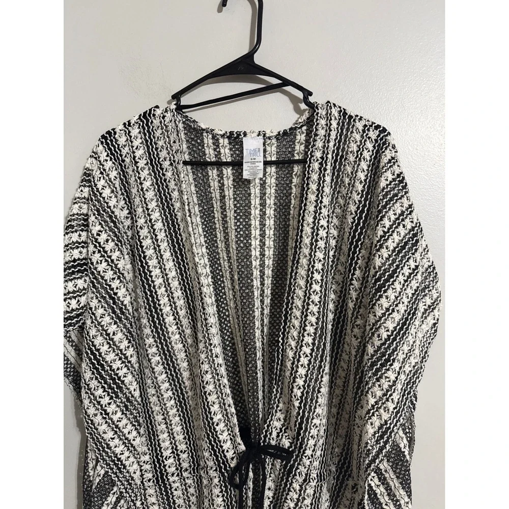 Time and Tru Womens Black White Striped Open Knit Kimono Wrap Cover Up S/M